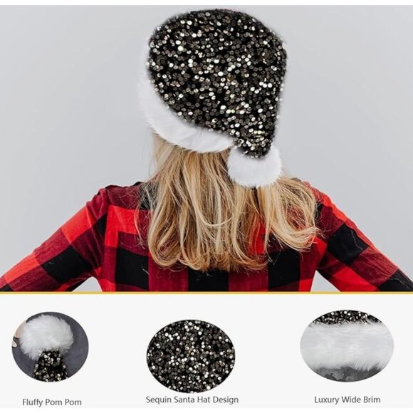Ausejopeac 2PACK Black Christmas Hat for Adults, Personalized Sequin Santa Hat - Picture 3 of 6